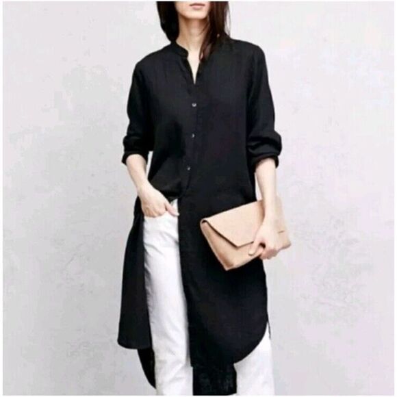 Eileen Fisher Organic Cotton Mandarin Collar Shirt Dress in Black - PS $278 - Picture 1 of 8